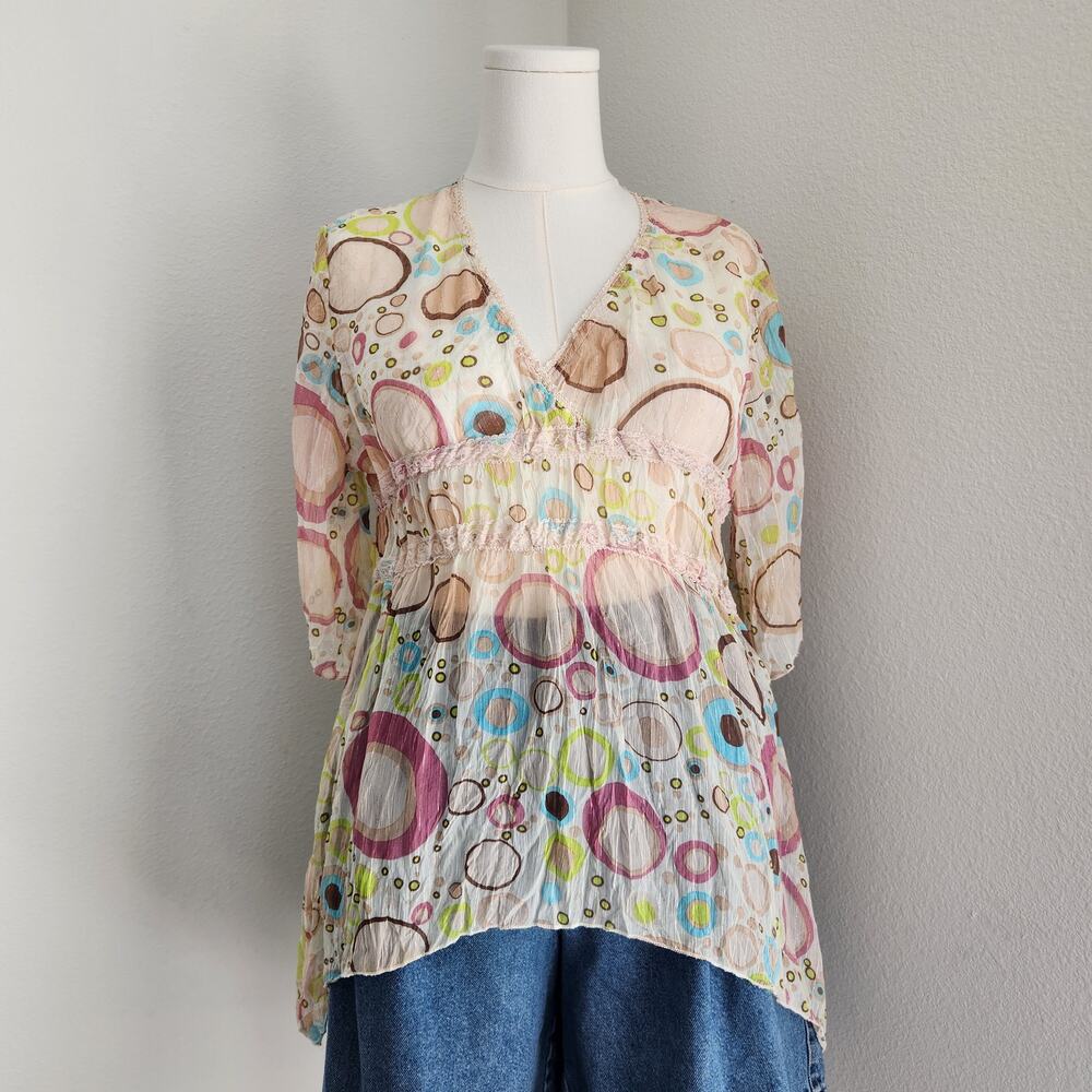 Vintage Y2K Cream Pink Circle Sheer Fairycore Silk Blend Babydoll V Neck Top S M